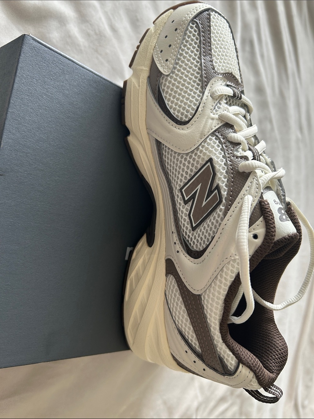 New Balance White and Brown Retro Mesh Running Sneakers - Picture 3 of 6